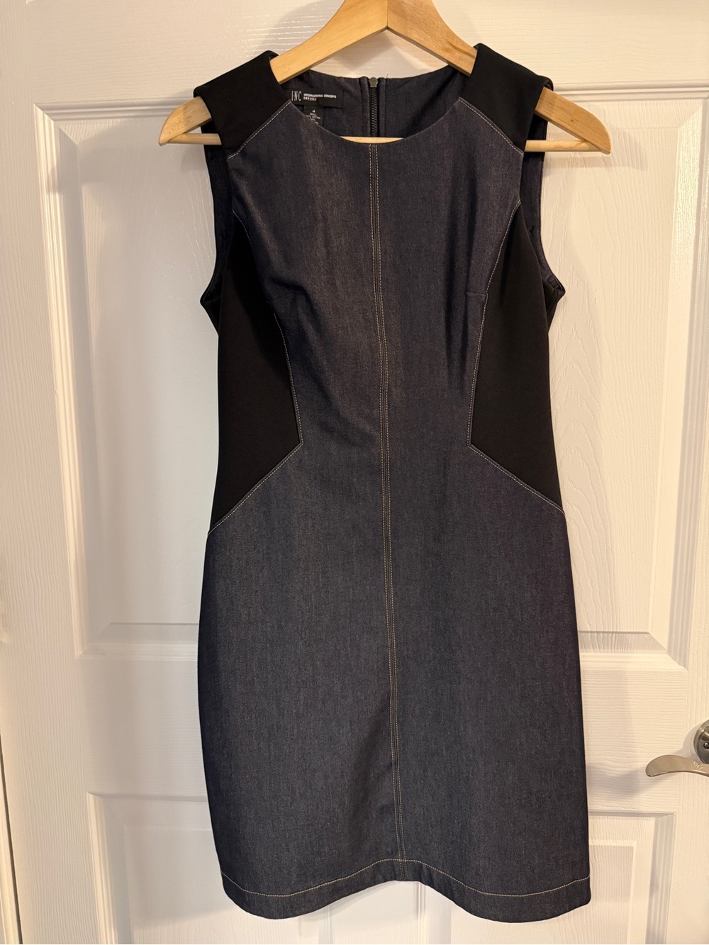 INC International Concepts Dark Indigo Denim Dress with Black Panels